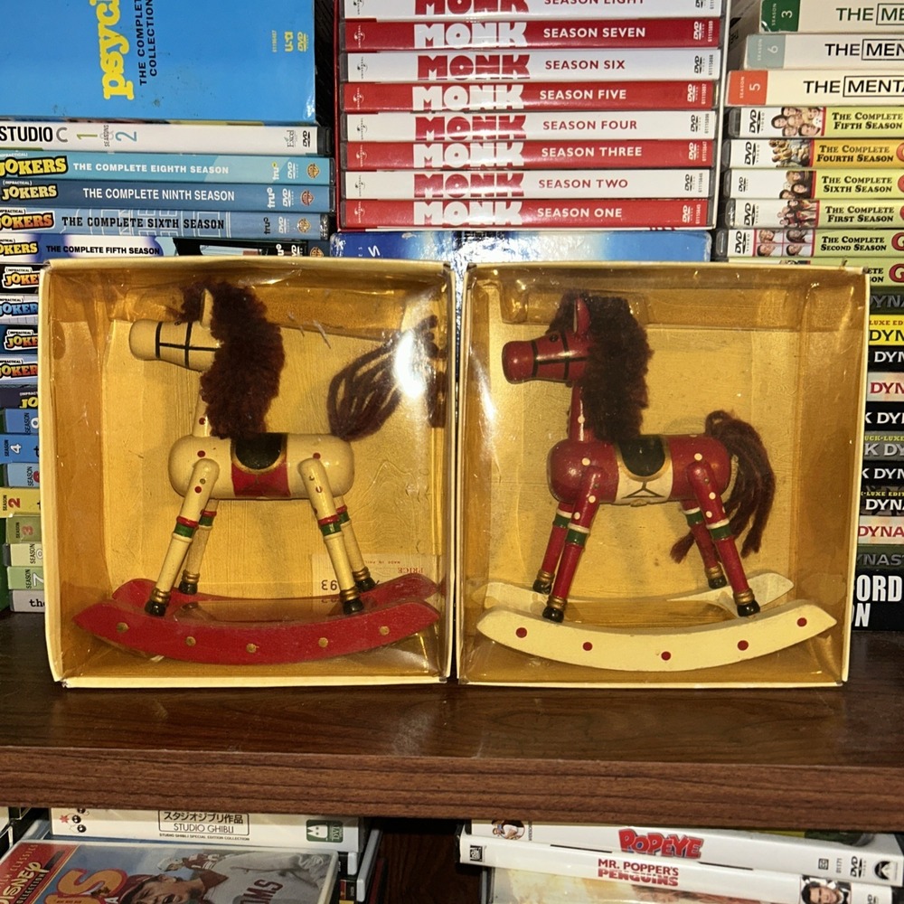 Vintage 1980s Russ Berrie Wooden Rocking Horse Christmas Decor Set